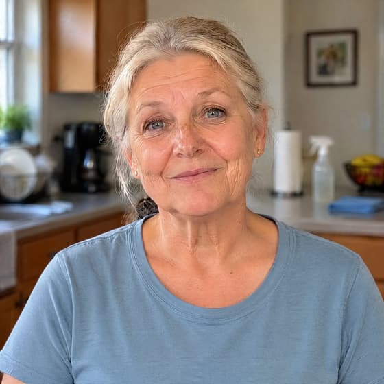 Halina in her kitchen, one hand resting on a stack of folded white towels