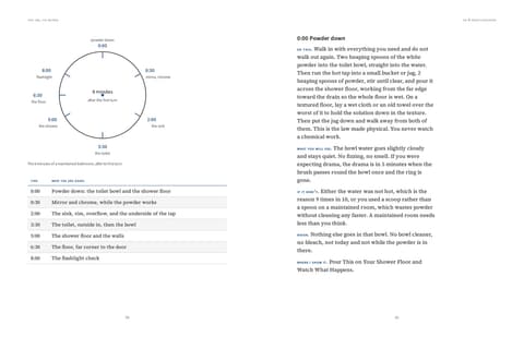 Pages 54 and 55, The 8-Minute Bathroom. A clock face marks powder down at 0:00, mirror and chrome at 0:30, the sink at 2:00, the toilet at 3:30, the shower at 5:00, the floor at 6:30 and the flashlight check at 8:00, with a timetable below and the first step written out on the facing page.