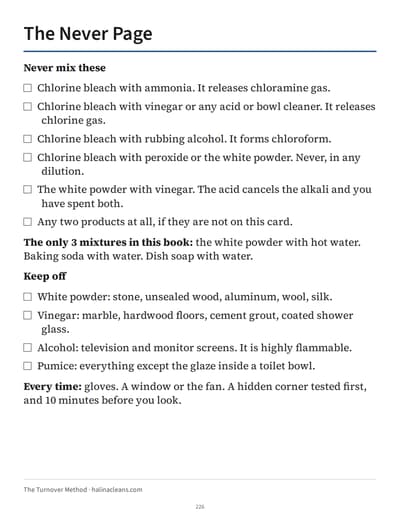 Page 226, the Never Page card, made to print. Tick boxes list the mixtures never to make, such as chlorine bleach with ammonia or vinegar, the only 3 mixtures in the book, the surfaces to keep each product off, and gloves, air and a hidden corner every time.