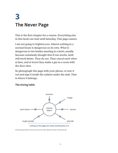 Page 15, The Never Page. Chapter 3 opens with the warning that two bottles meeting in a bowl is what is dangerous, then a diagram of chlorine bleach joined by crossed-out lines to ammonia, vinegar, alcohol, peroxide, oxygen powder and bowl cleaner.